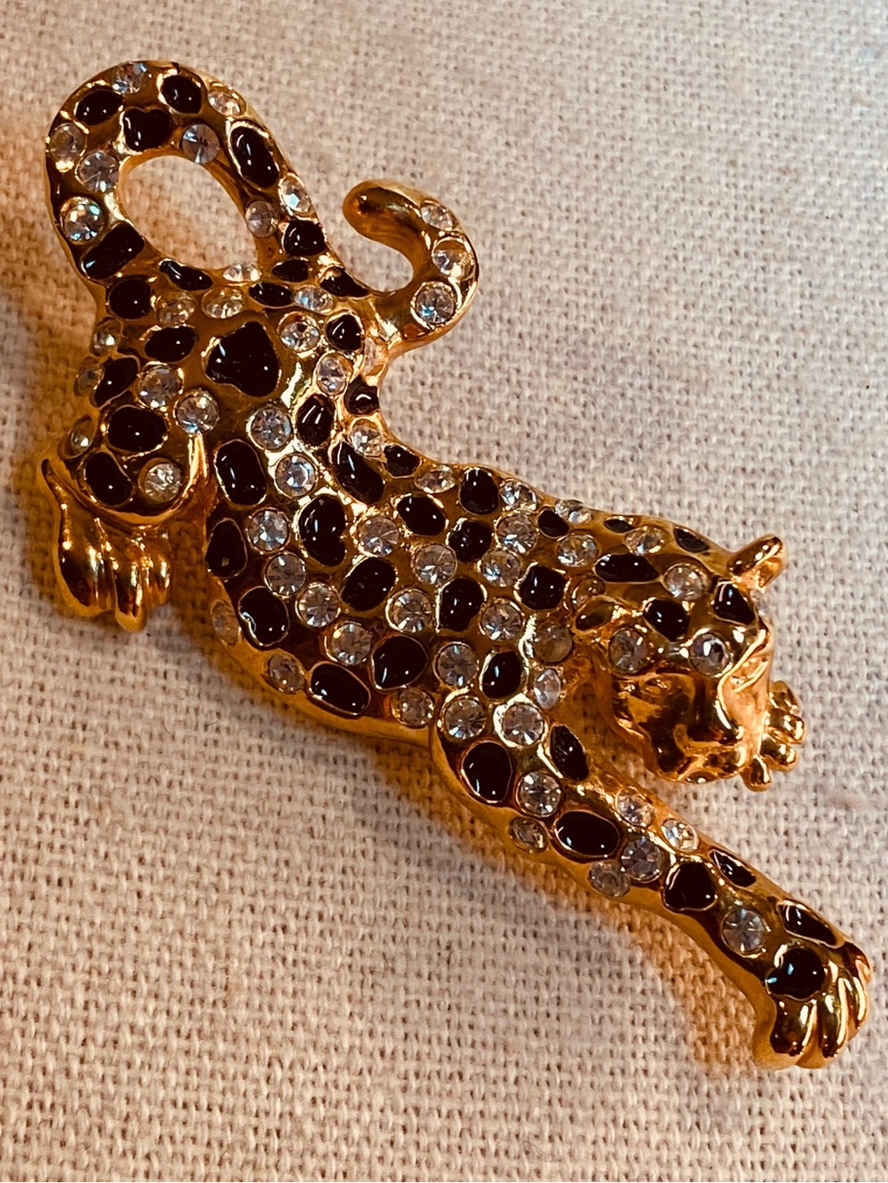 Vintage Roman Leopard Panther Rhinestone Brooch Gold Tone Cat Pin